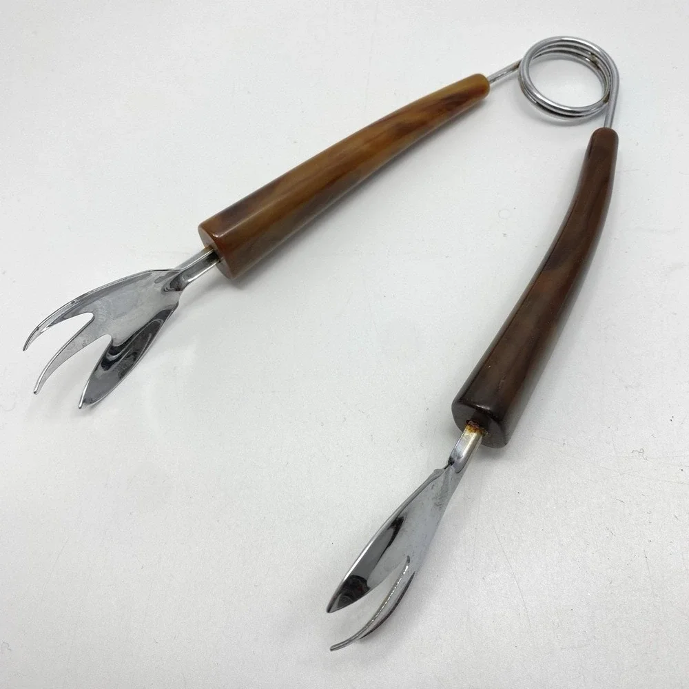 Vtg 4 Barware Utensils Marbled Faux Horn‎ Bottle Opener Cheese Slicer Tongs Fork